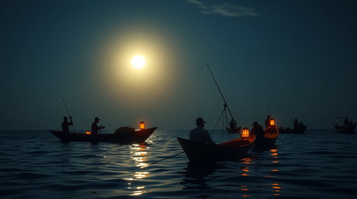 Éjszakai halászat helyi halászokkal Kribiben, Kamerunban.