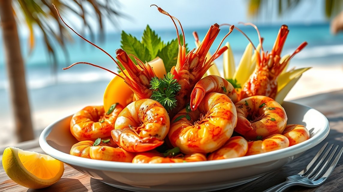 Friss garnélarák tál tengerparti háttérrel Kribiben