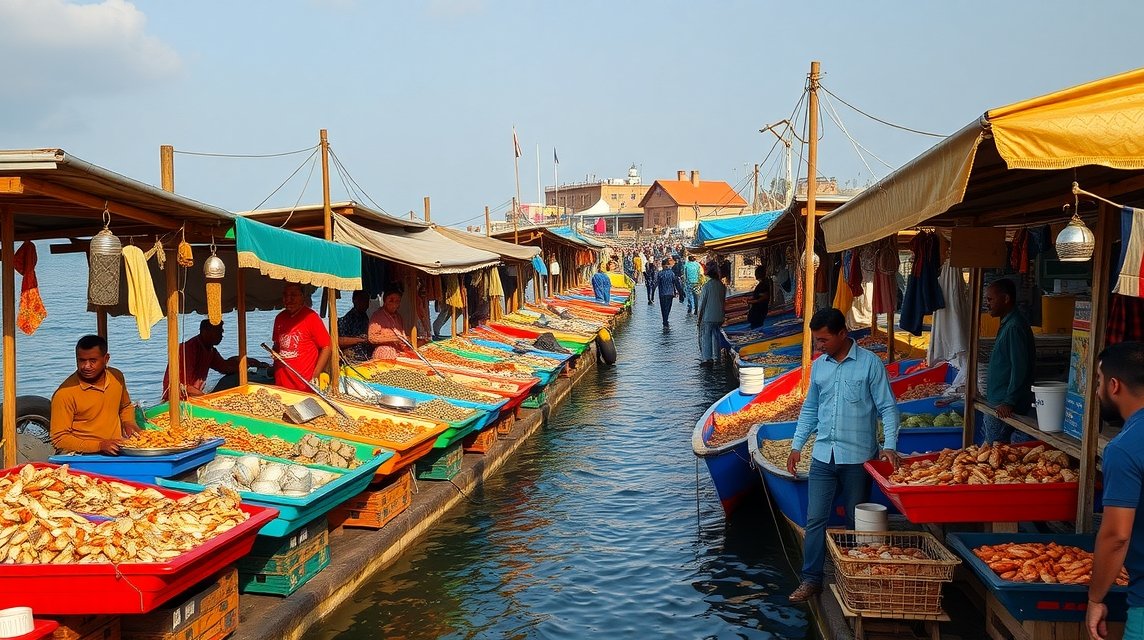 Kribi halpiac, színes halászhajók és friss tengeri ételek