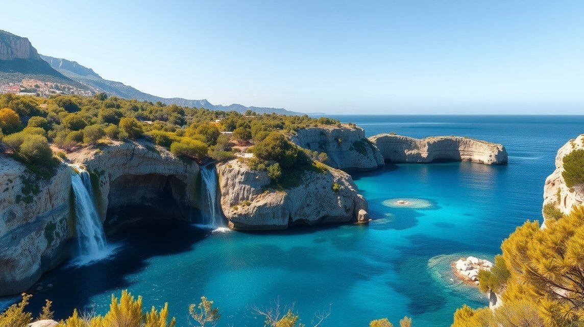 Kythira szigeti vízesések és kristálytiszta tenger kilátás