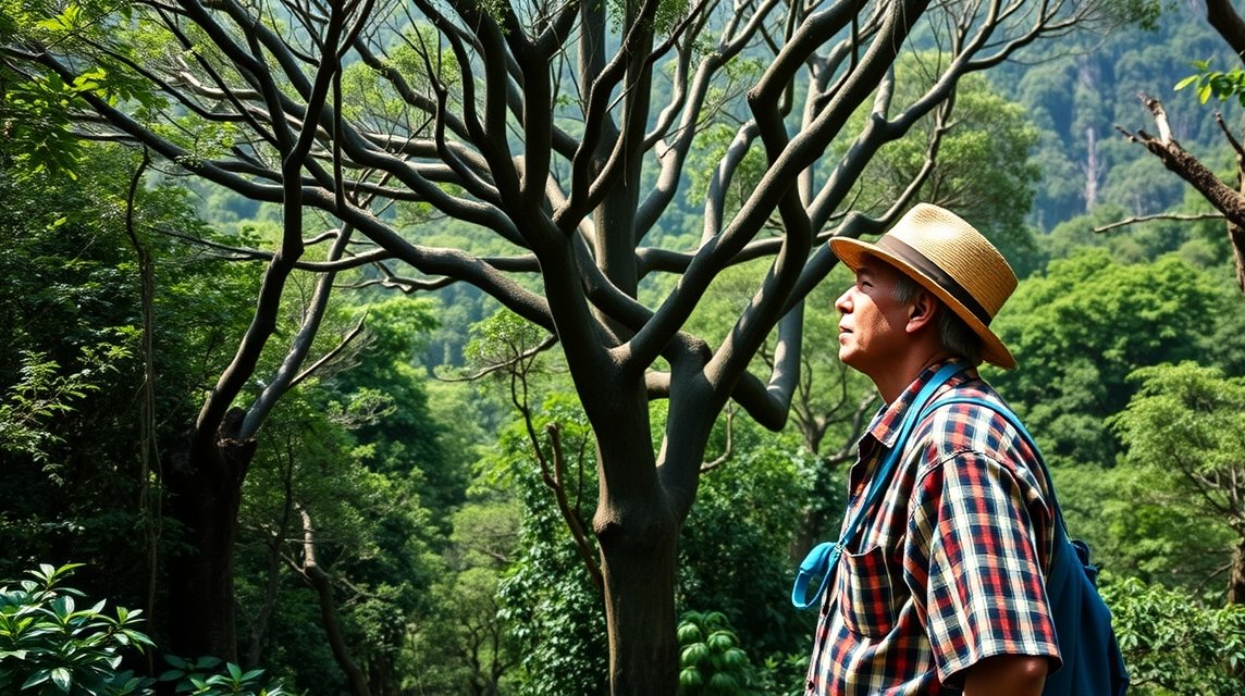 Férfi a babérerdőben La Gomera szigetén, természetes környezetben