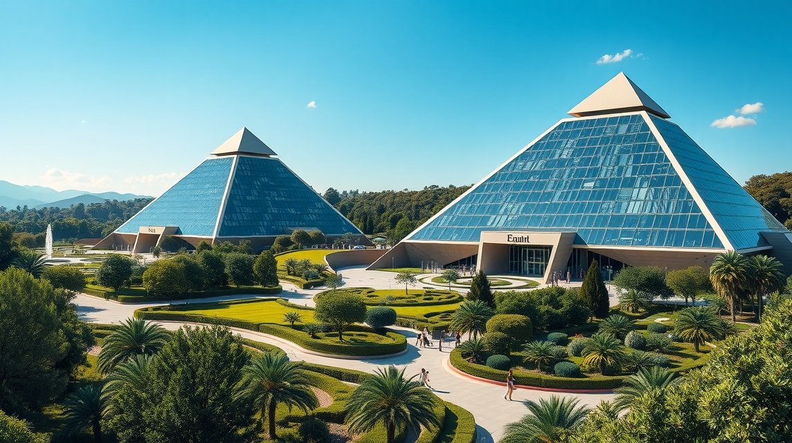 Futurisztikus piramisépületek La Grande-Motte zöld kertjeiben
