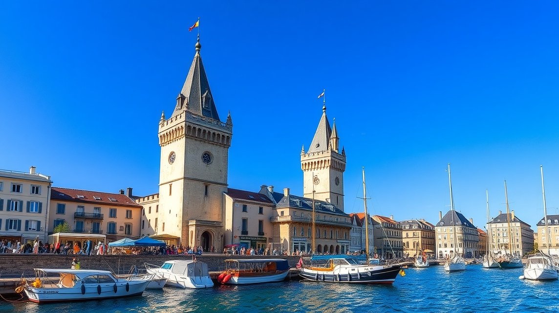 La Rochelle kikötője a két toronnyal és hajókkal