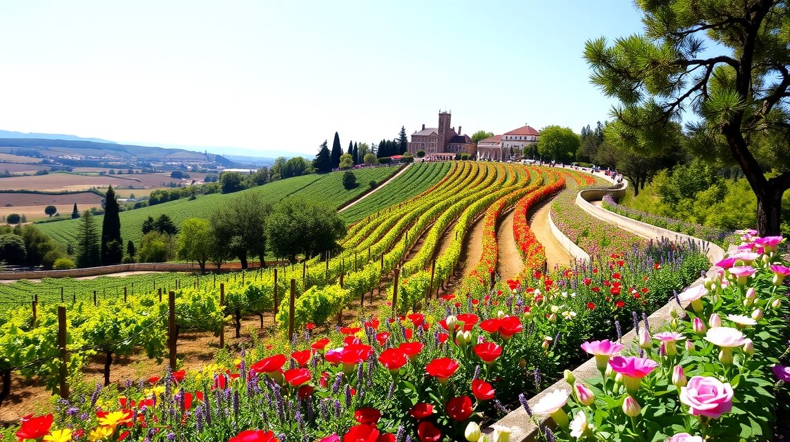 Lamego szőlőültetvény és virágos táj