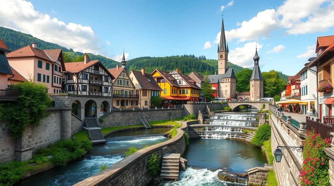 Landsberg am Lech bájos város és folyó látképe