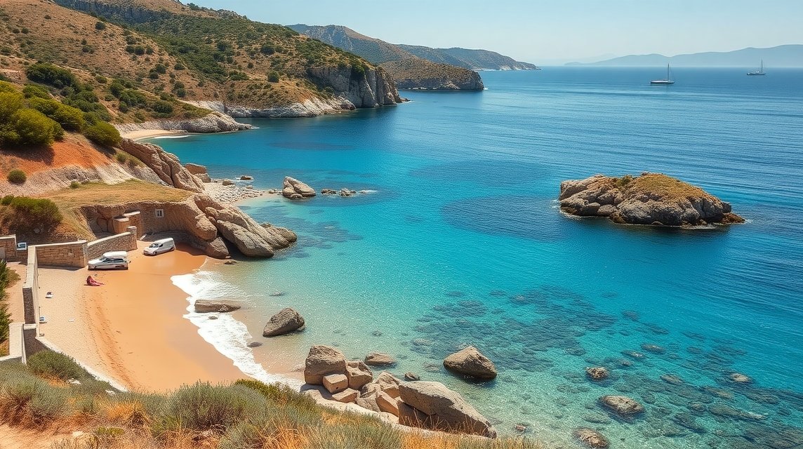 Lassi, Kefalónia aranyhomokos partjánál kristálytiszta víz és sziklák.