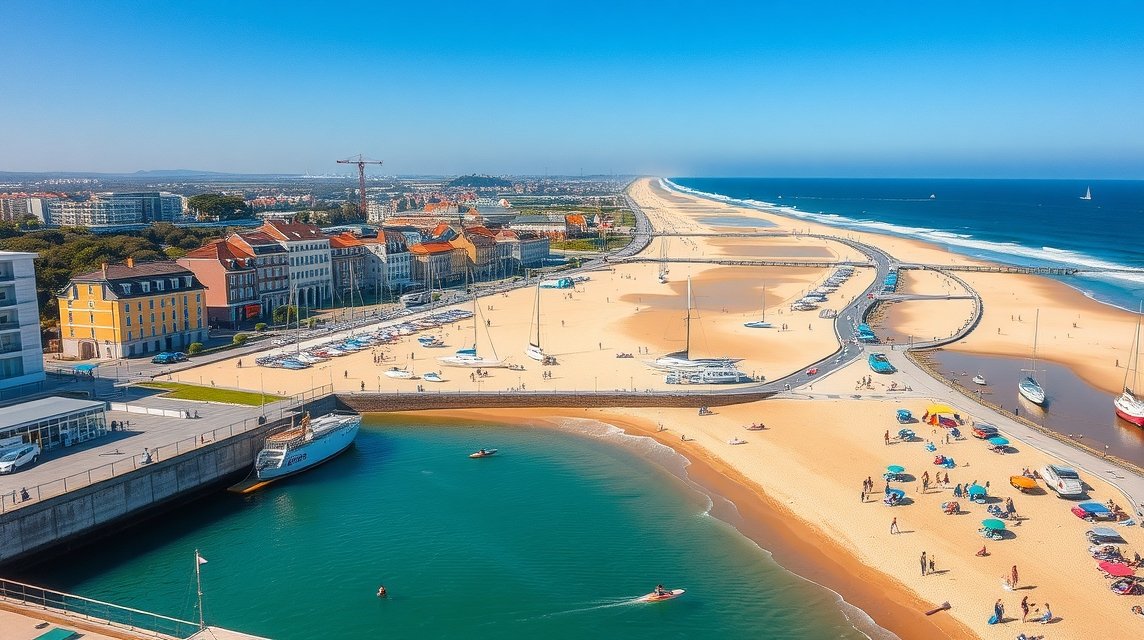 Les Sables-d’Olonne tengerpartja és kikötője napfényben