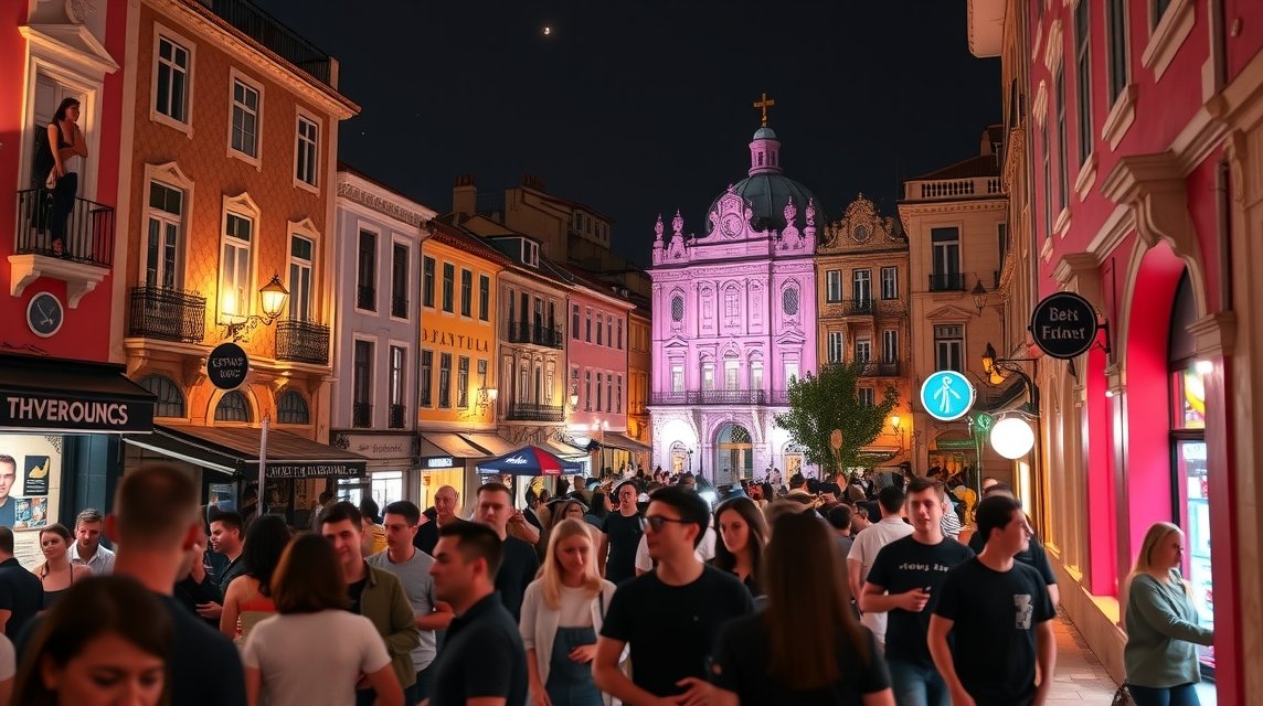 Rózsaszín utca éjszakai élete Lisszabonban, bárok és emberek a sétányon.