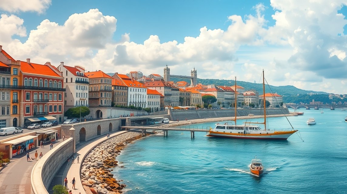 Lisszabon gyönyörű tengerparti városképe és kikötője.