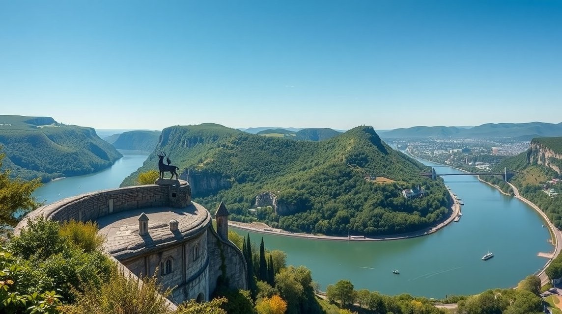A Loreley-szikla kilátása a Rajnára és a környező dombokra.