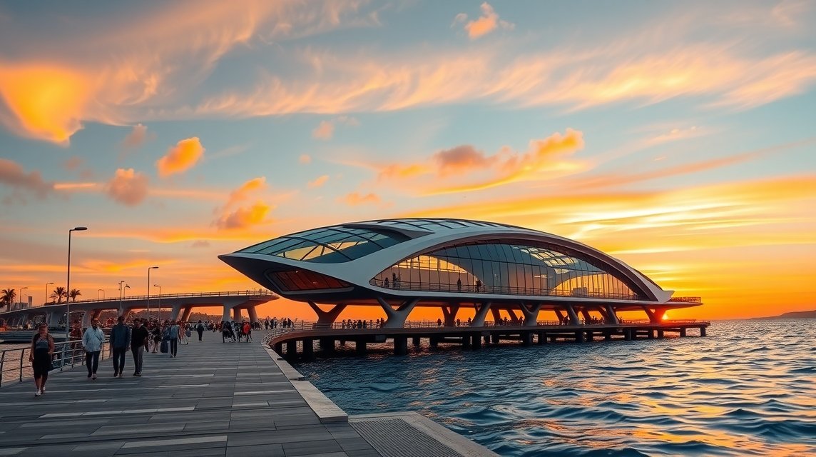 Los Muertos móló modern építménye a naplementében Puerto Vallartában