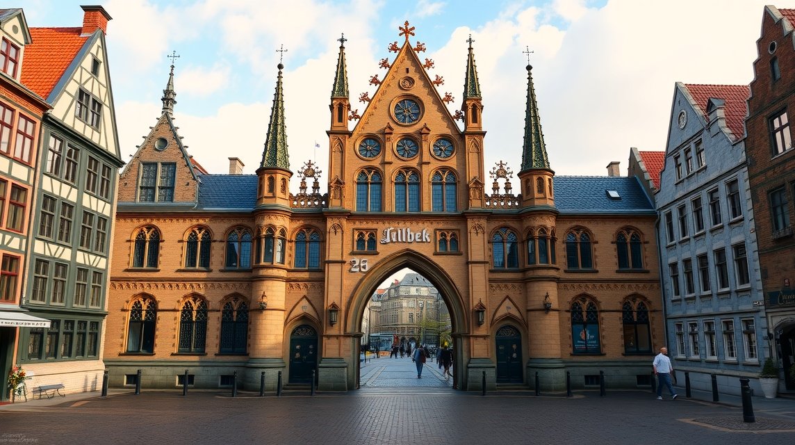 A Lübeck Holsten-kapu, a Hanza-szövetség monumentális jelképének részletei.