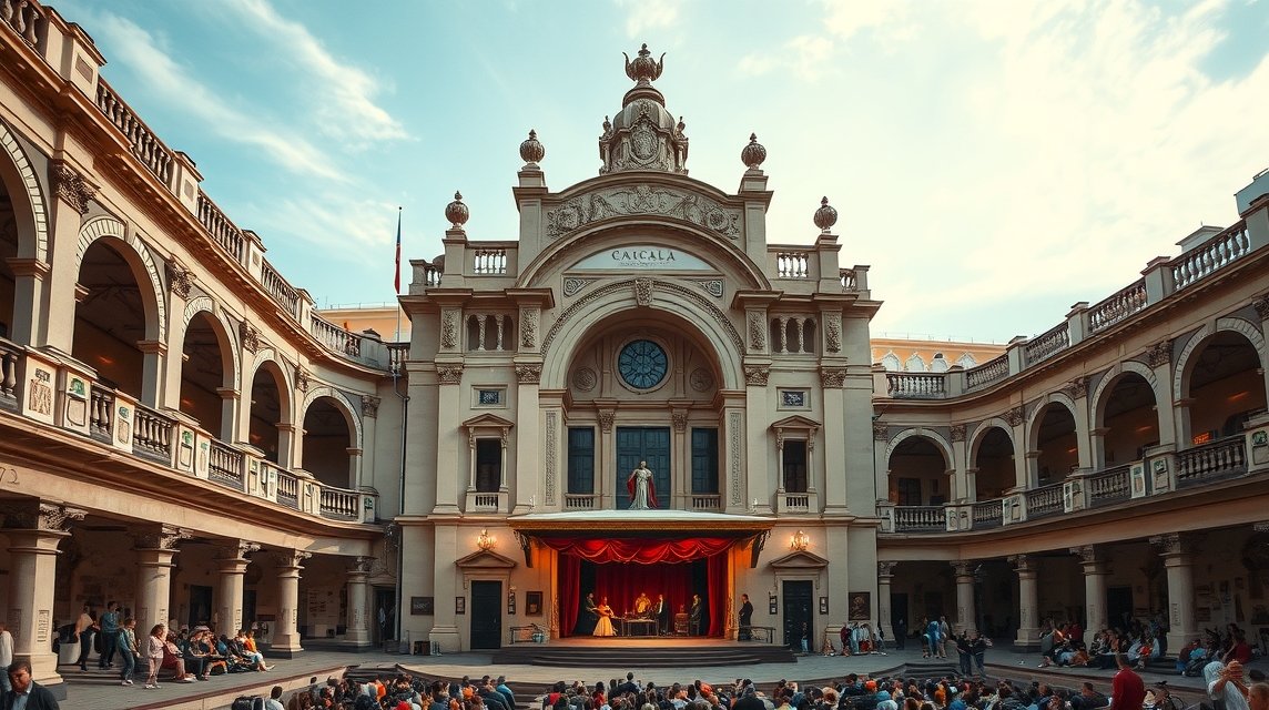 A Macedonio Alcalá Színház barokk homlokzata és előadások.