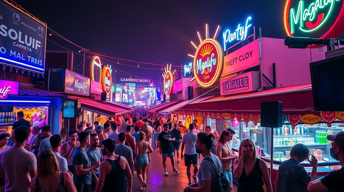 Fiatalok élvezik Magaluf éjszakai életét neonfények között.