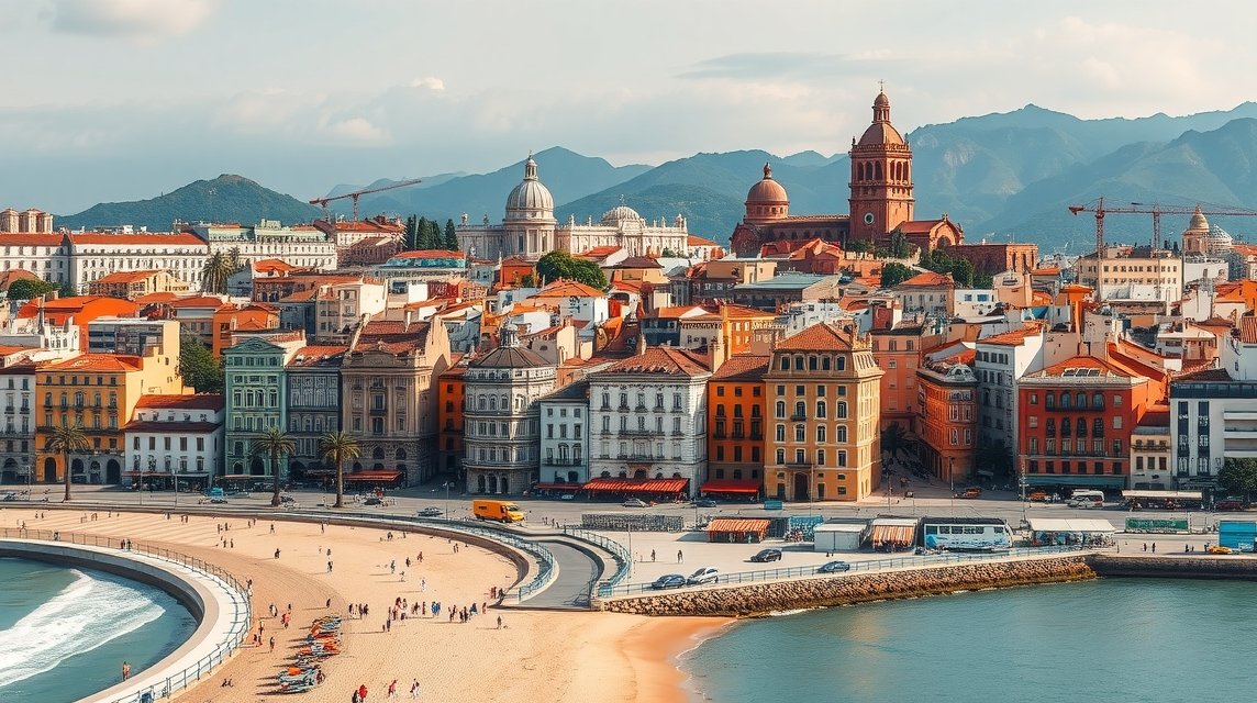 Málaga tengerparti városkép, színes épületekkel és hegyekkel a háttérben