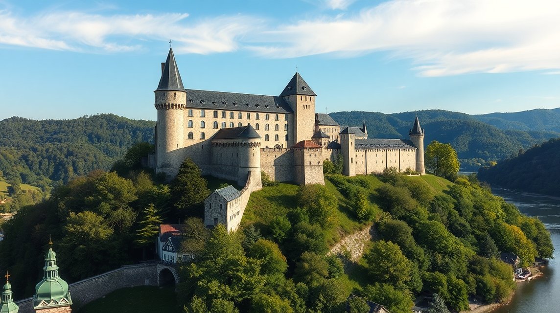 Marksburg vár a Rajna partján, gyönyörű kilátással a környékre.