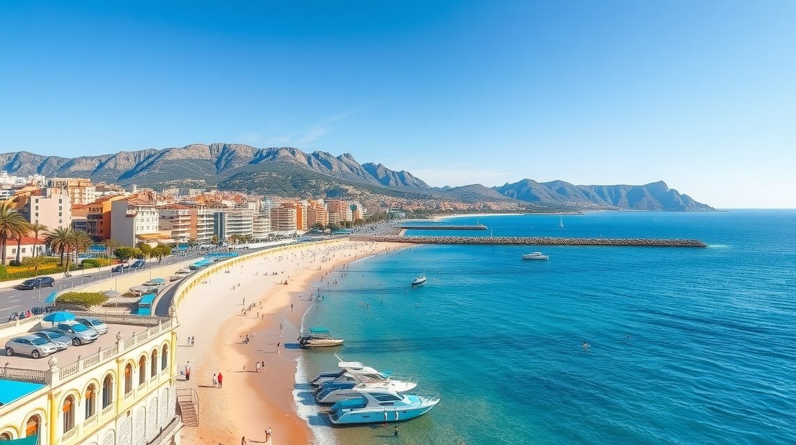 Tengerpart Marseille városában, gyönyörű kilátással a hegyekre.