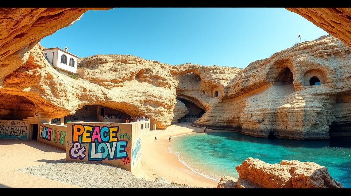 Matala híres hippik barlangjai Krétán színes graffiti mellett