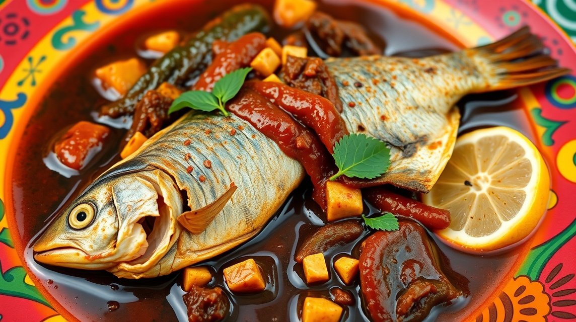 Mbongo Tchobi - fekete szószos hal Kamerunból, aromás fűszerekkel.