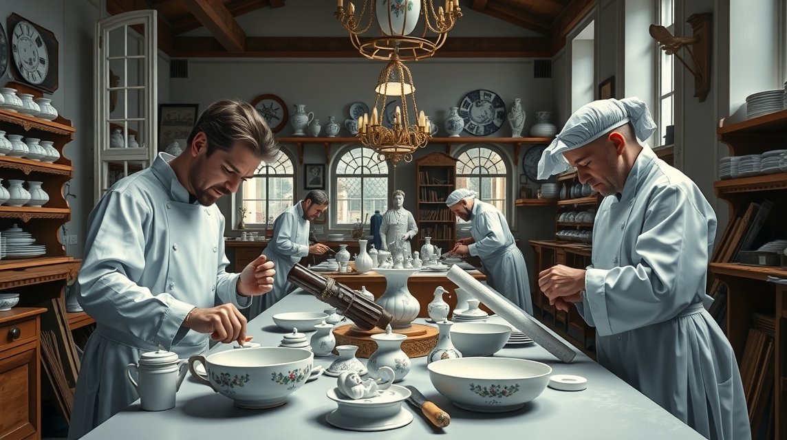 Mesterek a Meisseni porcelán manufaktúrában, történelmi kézműves munkával.