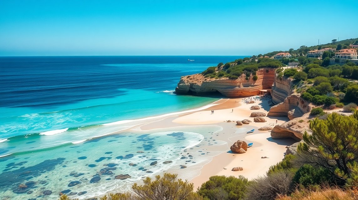 Menorca érintetlen strandja kristálytiszta vízzel és sziklás parttal.