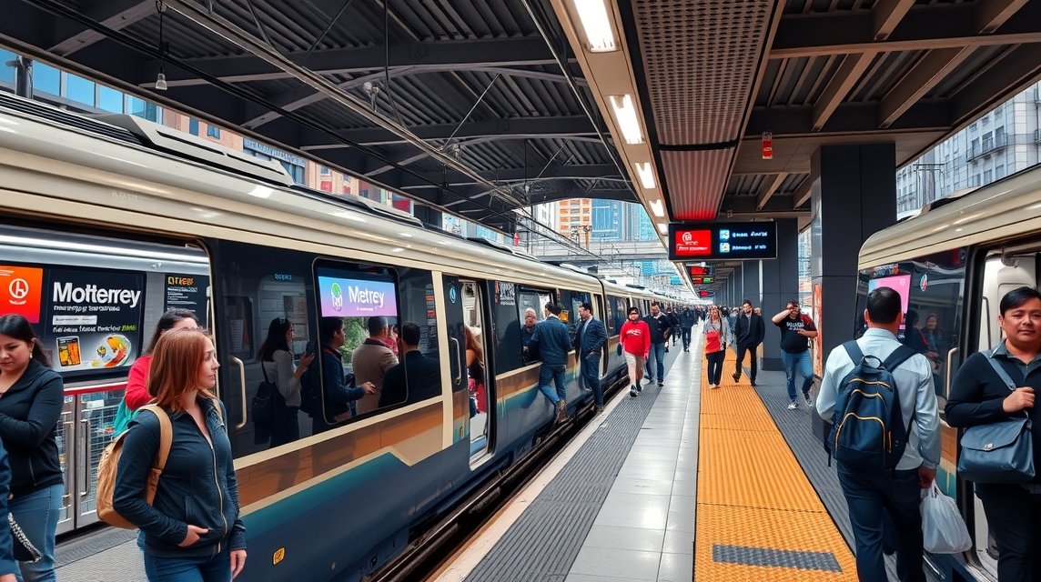 Metrorrey metróhálózat Monterrey városában, utasok a peronon.