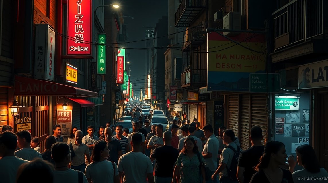 Egy forgalmas utca Mexikóvárosban fényes feliratokkal és emberekkel.