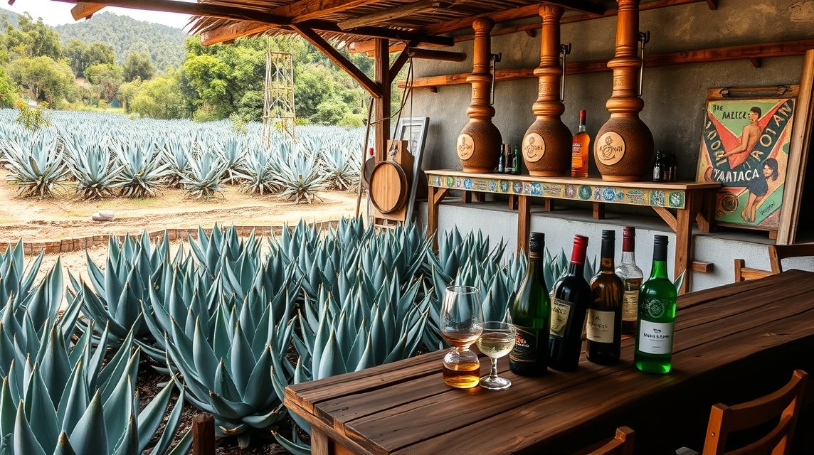 Mezcal készítés Oaxaca agave ültetvényén, pincével és kóstoló poharakkal.