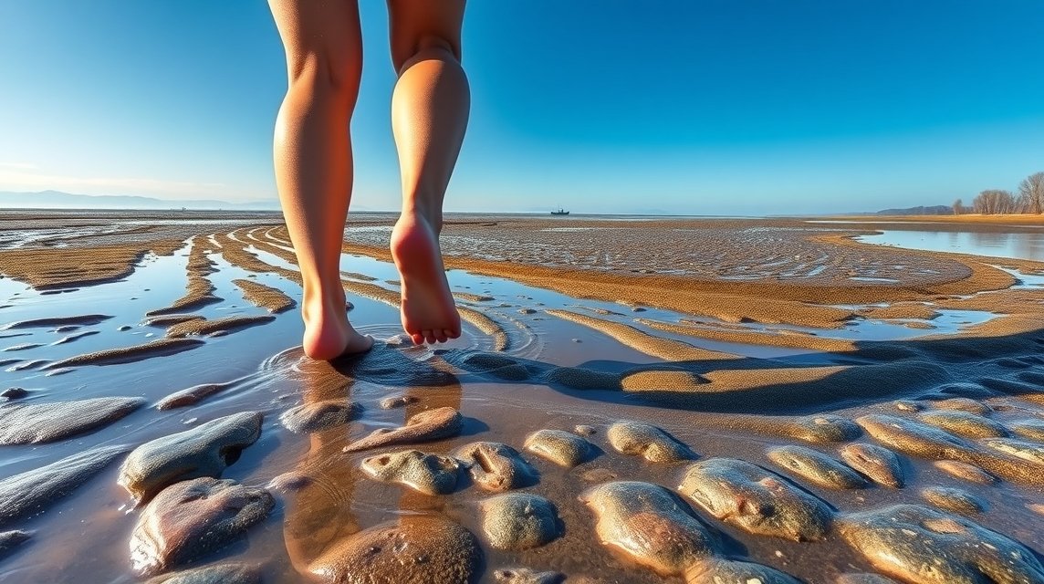 Mezítlábas túra az iszapban apálykor a Watt-tengernél.