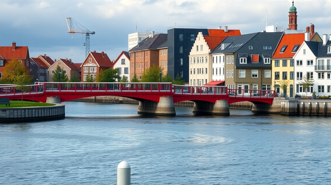 Middelfart városképe, piros híd és tengerparti házak