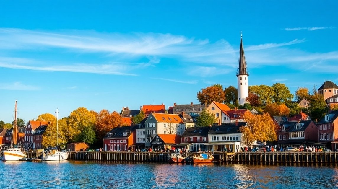 Middelfart városa őszi időben, vízparti házakkal és hajókkal.