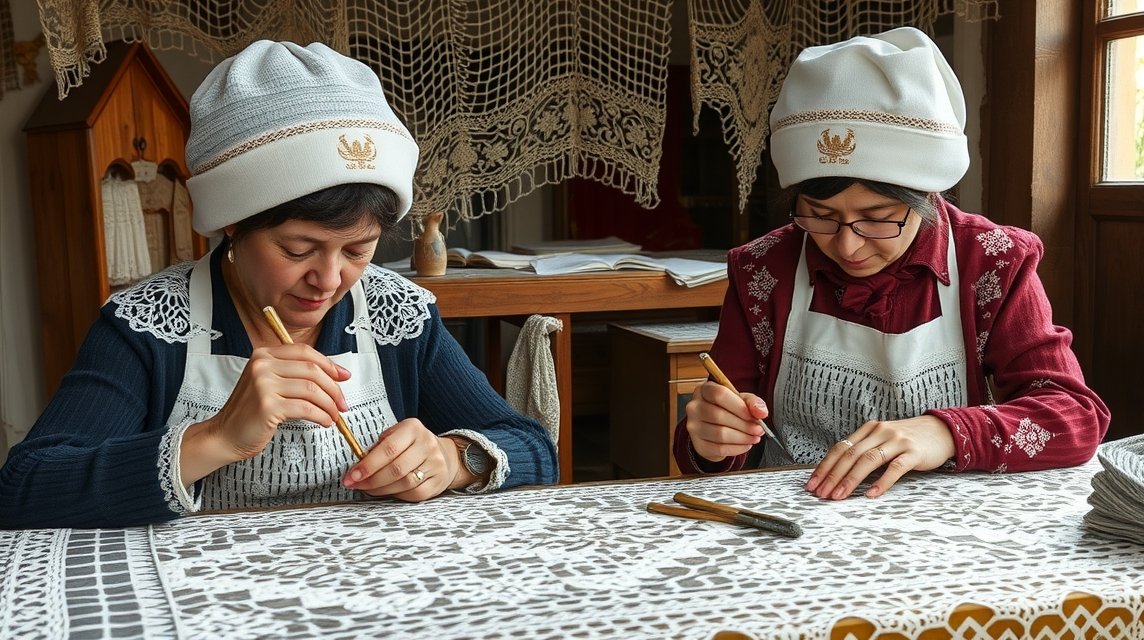 Két nő dolgozik a dán tønderi csipkén a kézműves műhelyben.