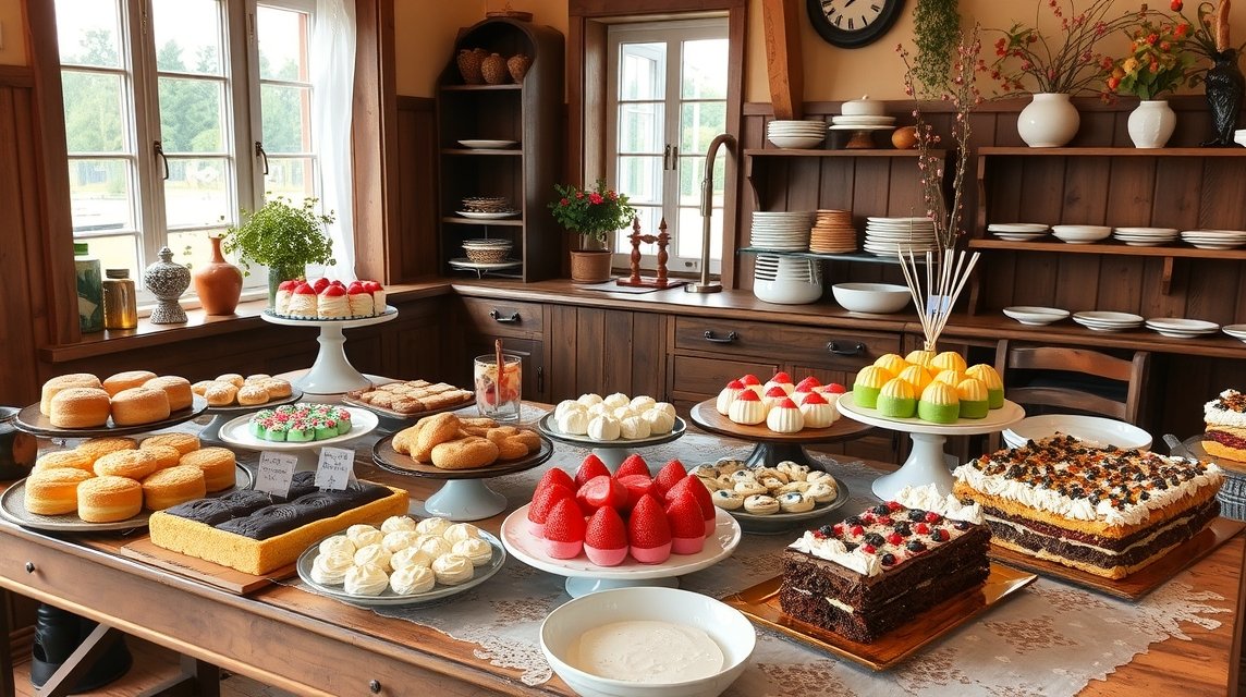 Dél-jütlandi süteményes asztal gazdag ételekkel és édességekkel.