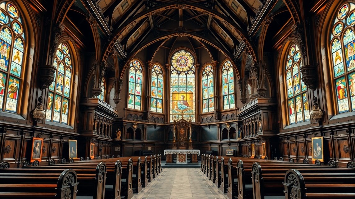 Møgeltønder templom gazdag belső tere díszes üvegablakokkal