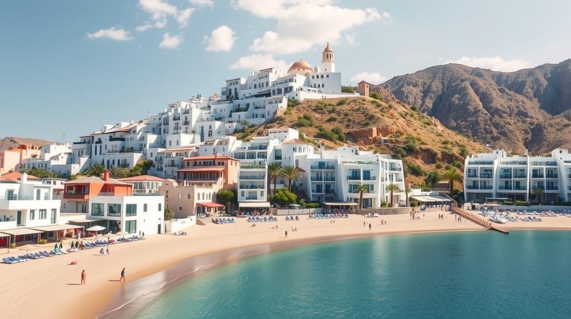 Mojácar fehér falu és modern strandjai Almería hegyén