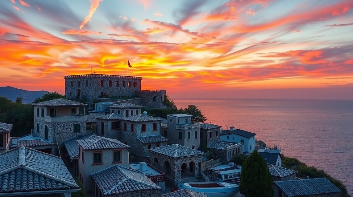 Molivos köves házai naplementében Lesbos szigetén.