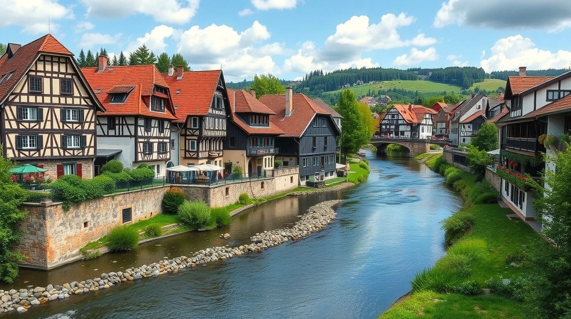 Monschau város látképe favázas házakkal és a Rur folyóval.