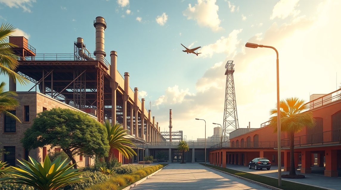 A Parque Fundidora ipari park látképe Monterreyben, zöld növényzet között.