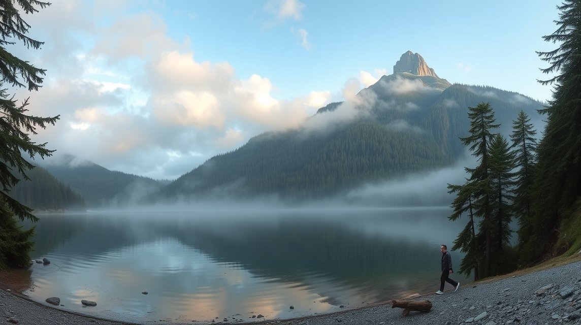 Séta a Mummelsee tengerszem körül ködös tájban Hornisgrinde csúcsával