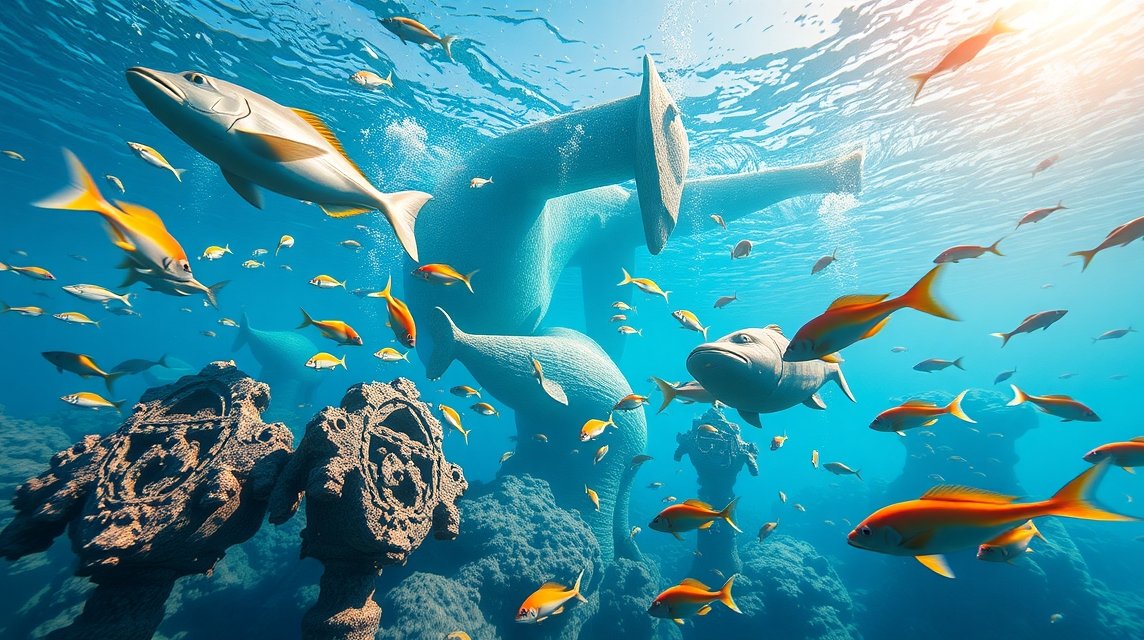 Vízalatti szobrok és halak Cancúnban, a MUSA-ban