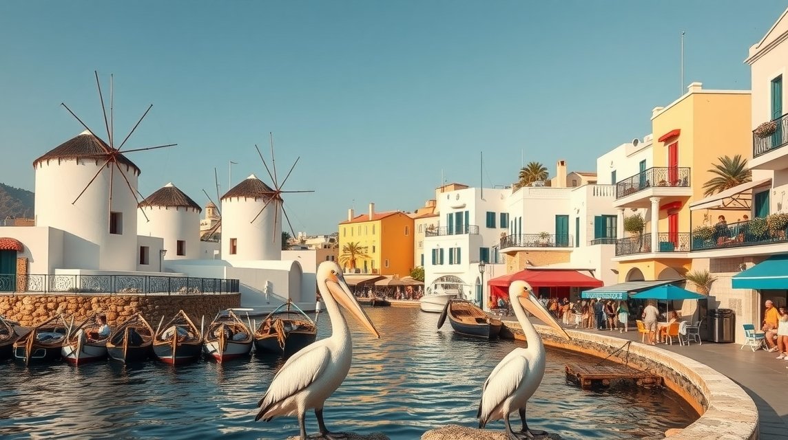 Mykonos Chora szélmalmai és pelikánok a Kis Velence eleganciájában