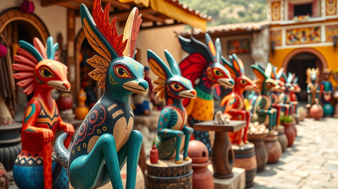 Rikító színű alebrijesek Oaxaca hagyományos kézműves falujából