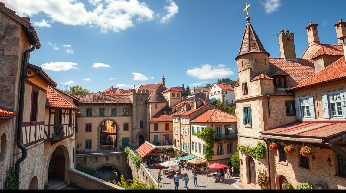 Óbidos város nézőpontja, könyvesboltokkal és építészeti részletekkel.