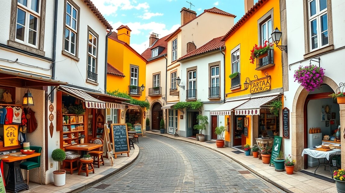 A macskaköves Rua Direita főutca Óbidosban kézműves boltokkal.