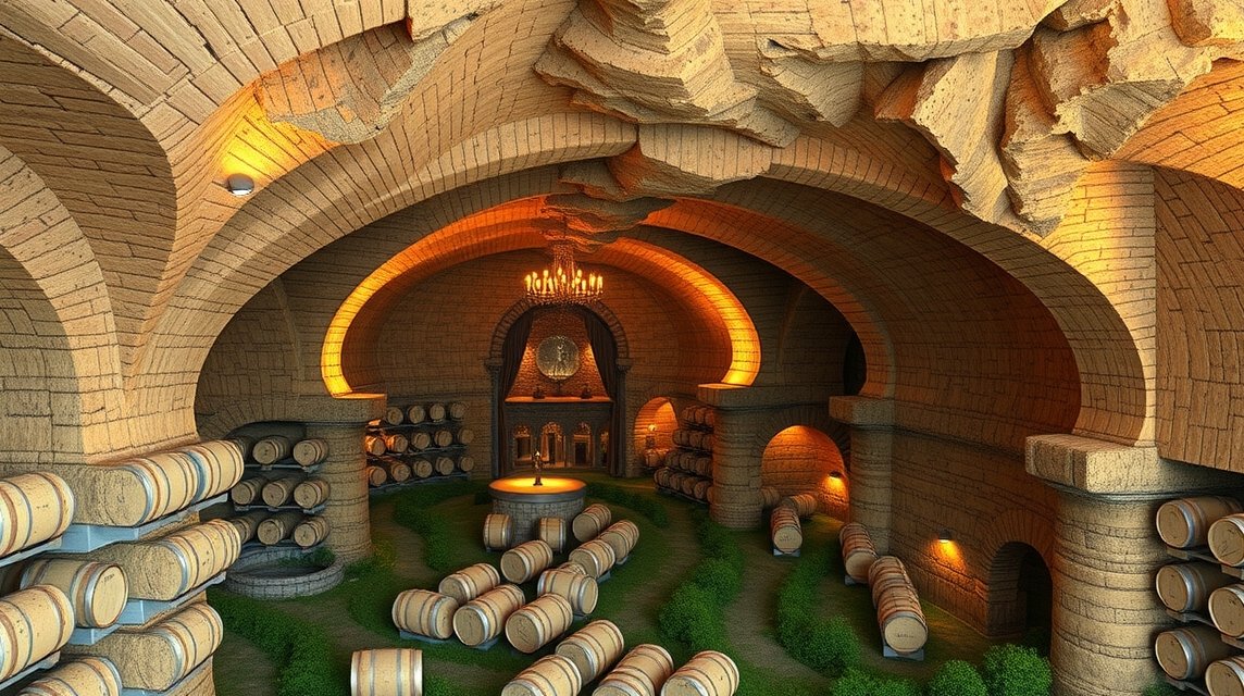 Föld alatti pincerendszer boroshordókkal Oppenheimben.