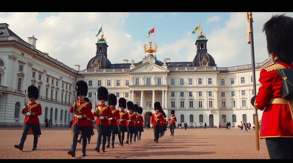 Az Amalienborg palota őrségváltása Koppenhágában, dán katonai ceremónia.