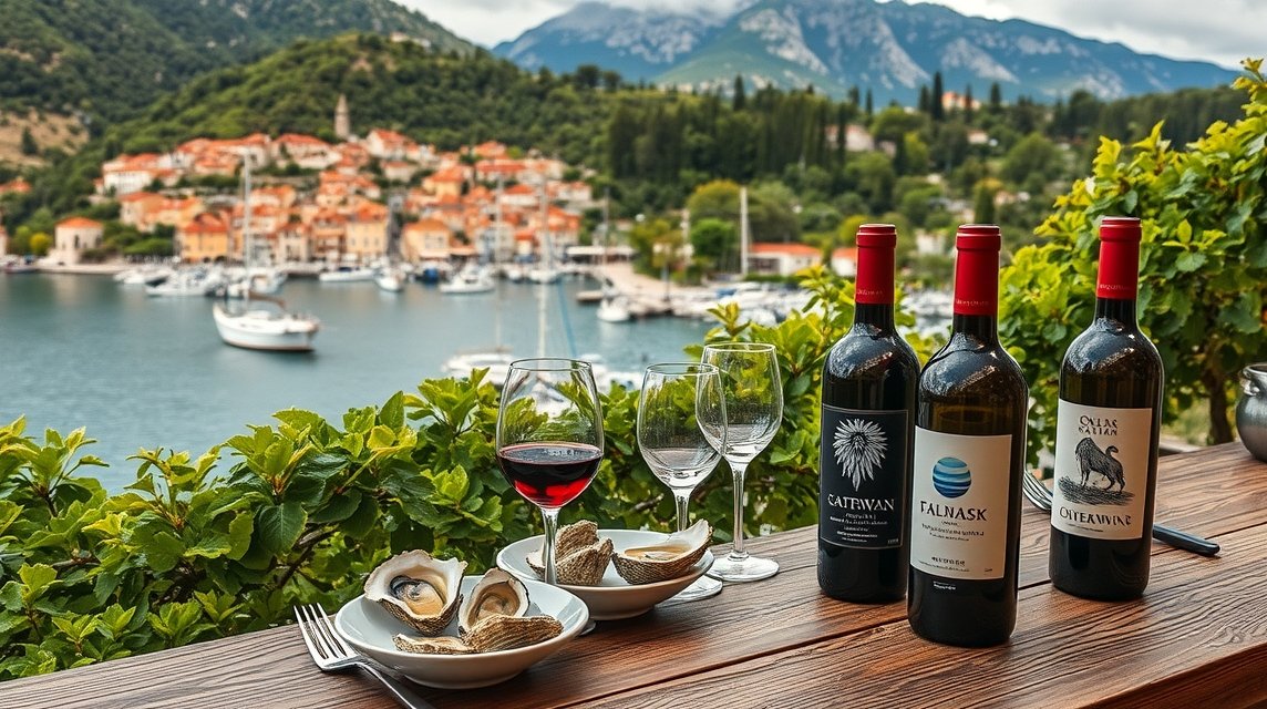 Friss osztrigák és vörösborok Stonban, Pelješac-félszigeten.