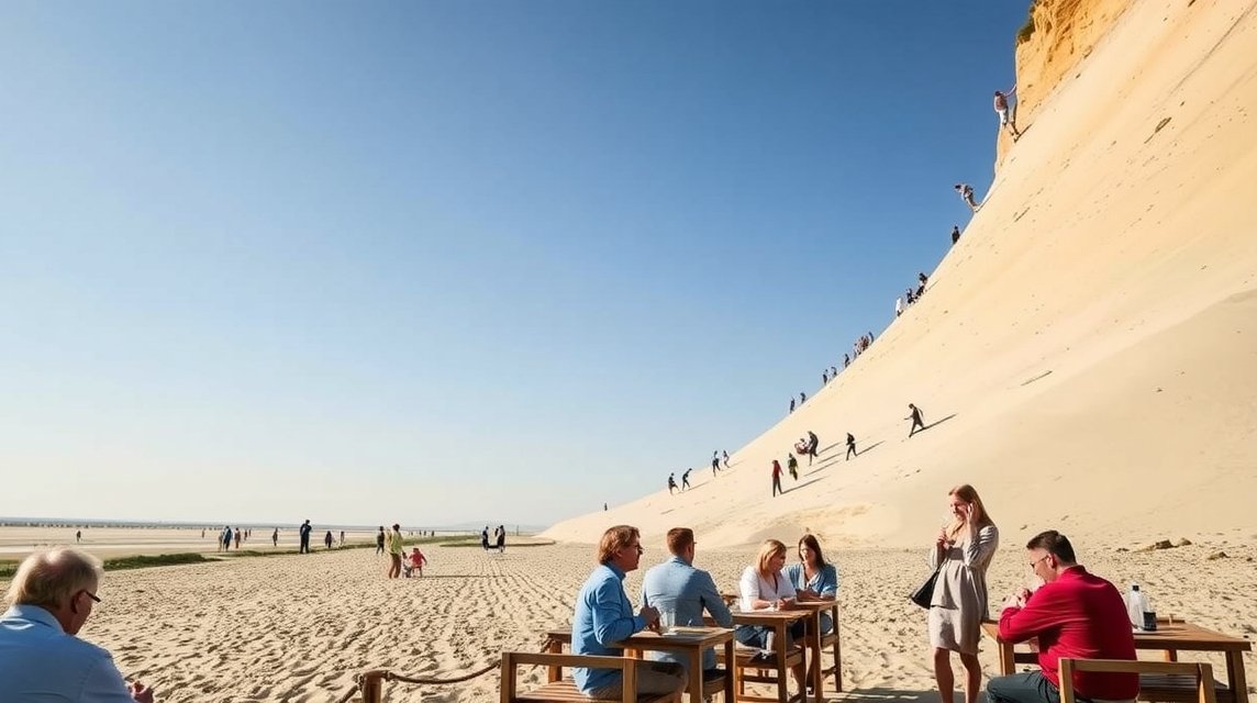 Friss osztrigát kóstoló étkezők a Pilat-dűnénél Arcachonban