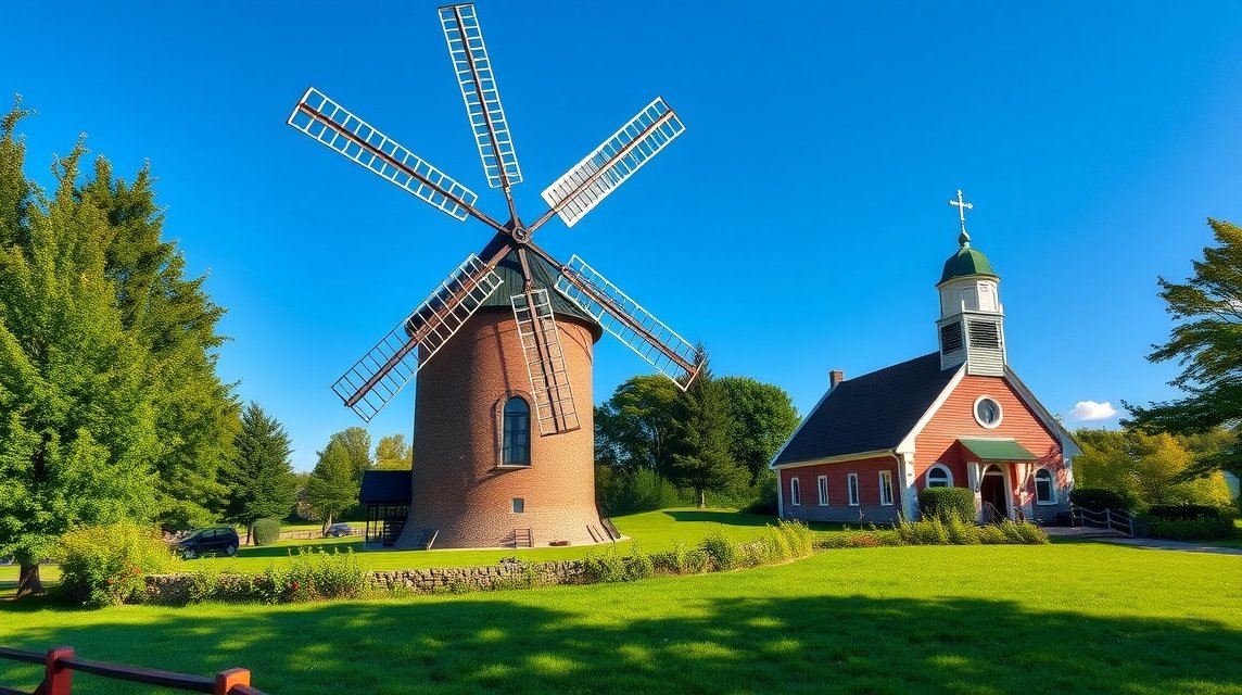 Oxholm szélmalom és templom Brovstban, Észak-Dániában.