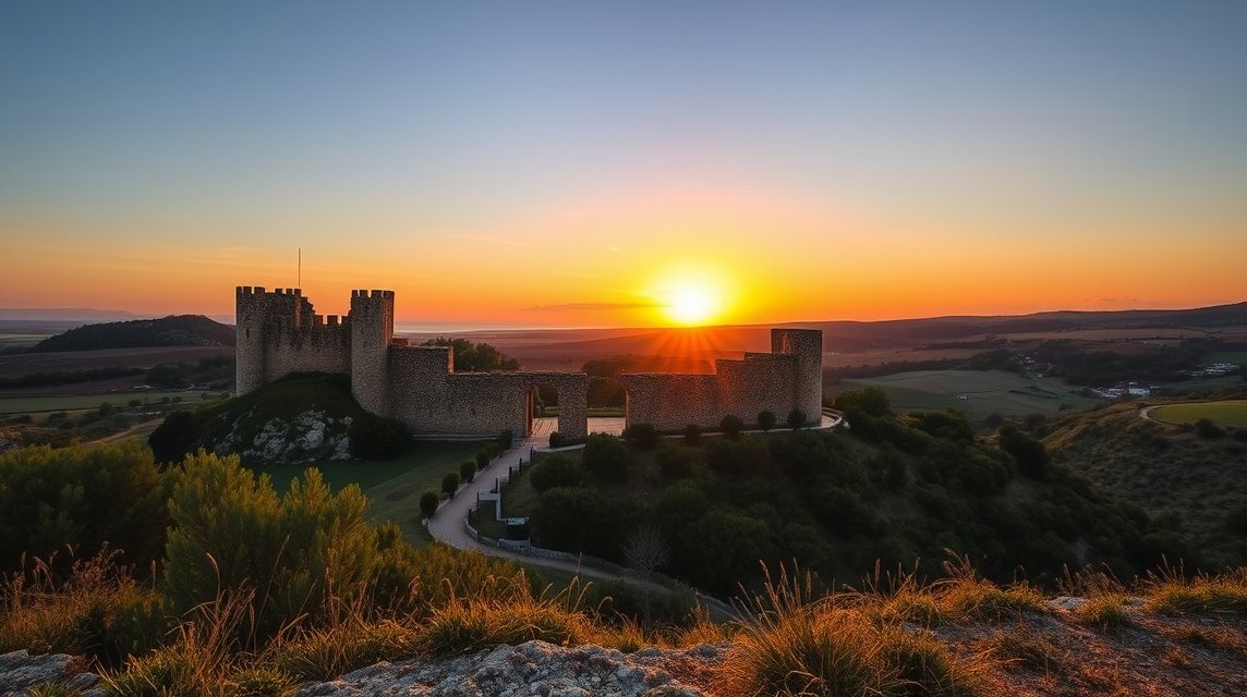 A Paderne vára naplementében, panorámás kilátással az Algarve vidékre.